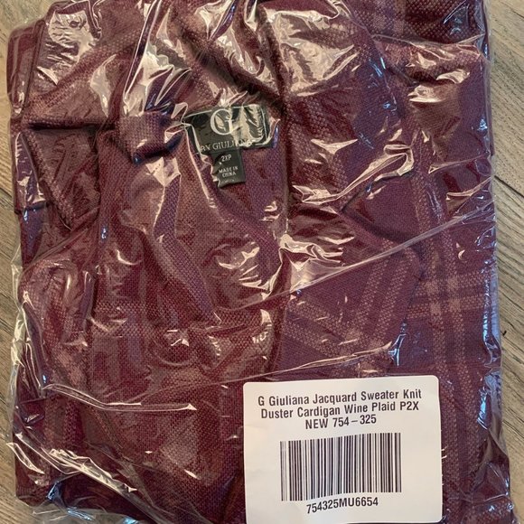 NWT G BY GIULIANA JACQUARD SWEATER KNIT DUSTER CARDIGAN WINE PLAID 2X (PETITE) - Picture 9 of 12